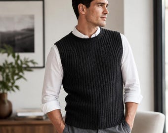 Men's Ribbed Knit Vest Pattern, Sleeveless Sweater, Sizes 36–42 / English PDF