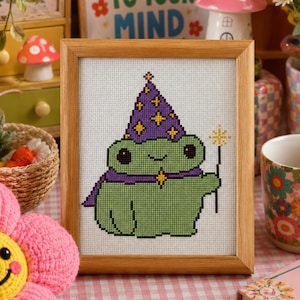 Frog Wizard Cross Stitch Pattern, Kawaii Magic Toad Embroidery Chart (PDF Download)