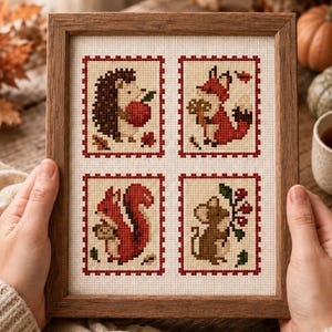 May include: A framed cross-stitch embroidery featuring four rectangular panels with red borders. The panels depict a hedgehog with an apple, a fox with a mushroom, a squirrel with an acorn, and a mouse with a berry sprig, all on cream fabric.