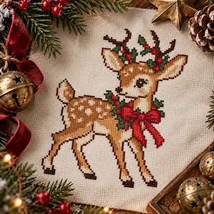 Peut inclure: Une broderie au point de croix sur tissu beige représentant un faon brun à taches blanches, portant une couronne verte avec un nœud rouge autour du cou et des feuilles de houx vertes avec des baies rouges entre ses bois sur fond clair.