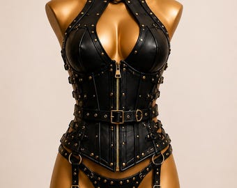 Arnés de corsé de cuero hecho a mano, ajustable, lencería gótica, body, disfraz de festival, cosplay, para mujer, ajuste personalizado