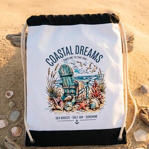 Coastal Dreams Beach Scene Drawstring Bag, Vintage Ocean Lover Travel Accessory