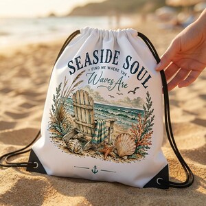 Seaside Soul Drawstring Bag, Vintage Beach Art, Coastal Scene, Ocean Lover Travel Sack