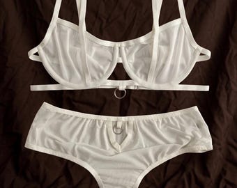Luxus handgemachte weiße Dessous-Set, schiere Mesh-BH-Set, Bügel-BH & High Waist String, Brautwäsche, Flitterwochen Geschenk