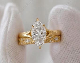 1.5CT Marquise Cut Moissanite Solitaire Engagement Ring Set | Split Band Wedding Ring With Matching Eternity Band In 14K Gold | Promise Ring