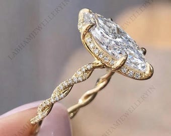 4CT Marquise Lab Grown Diamond Engagement Ring| 14K Gold Twisted Band Wedding & Anniversary Ring| Hidden Halo Ring| Promise Ring For Her