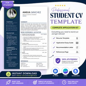 CV Template Student | High School Resume for College Application | Canva Word | Scholarship Internship Application Kit