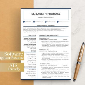 May include: A white resume template with dark blue text and lines, featuring sections for professional summary, education, skills, and experience. The document includes placeholders like Elizabeth Michael, Executive Manager, and Software Engineer Resume.
