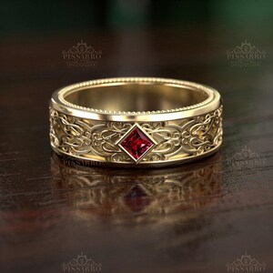 Mens Ruby Wedding Band, 7mm Wedding Ring, Natural AA Quality Red Ruby, Filigree Scroll Work, Plated Silver Or Solid Yellow Gold Jewelry