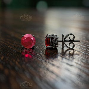 Natural Ruby Earrings, Unique Studs, Single Stud Or Pair Of Earrings, 5mm Round Natural Red Ruby, Black Silver Or Black Gold Jewelry