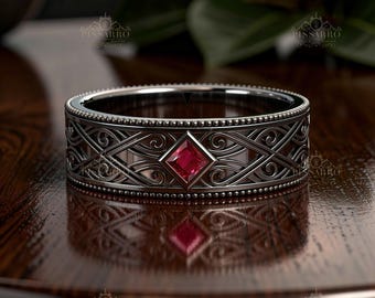 Mens Ruby Wedding Band, 6.5mm, Vintage Style Filigree Ring, Natural A Quality Red Ruby, Black Silver Or Black Gold Jewelry