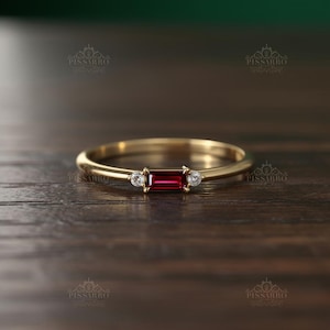 Natural Ruby Stacking Ring, AAA Baguette Cut Thin Wedding Band, Round Diamonds, Plated Silver Or Solid Yellow Gold Stackable Rings
