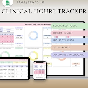 Könnte beinhalten: Eine digitale Tabelle zur Nachverfolgung klinischer Stunden, angezeigt auf einem Laptop-, Tablet- und Smartphone-Bildschirm. Das Dashboard enthält einen Kalender, Ringdiagramme und Datentabellen für beaufsichtigte, direkte und indirekte Stunden.
