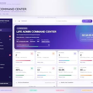 Puede incluir: Una interfaz de panel digital titulada Life Admin Command Center con una barra lateral morada oscura y un área principal gris claro. Muestra varios módulos que incluyen tareas, calendario, finanzas y progreso de vida.
