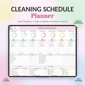 May include: A digital cleaning schedule planner Excel template titled Madeline's Cleaning Schedule. The interface features progress charts, daily, weekly, monthly, quarterly, semi-annual, and annual task lists with checkboxes and progress bars.