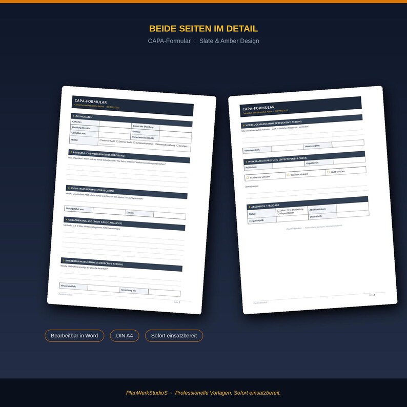 May include: Two white A4 pages of a CAPA form with dark blue headers and structured sections for data entry, including fields for problem description, root cause analysis, and corrective actions, presented against a dark blue background.