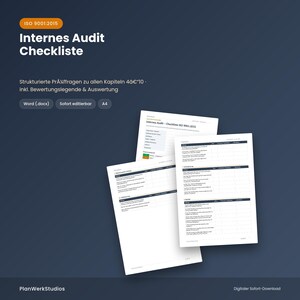 May include: A digital ISO 9001:2015 internal audit checklist document in A4 format. The document features structured audit questions for all chapters, including an evaluation legend and analysis section, presented in a clean, professional layout.