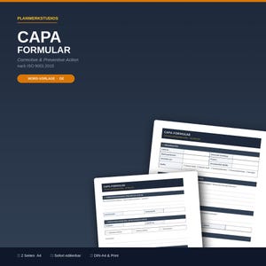 May include: A digital document template titled CAPA FORMULAR, Corrective & Preventive Action nach ISO 9001:2015. The document features structured fields for data entry, including sections for basic information, preventive actions, and effectiveness checks.