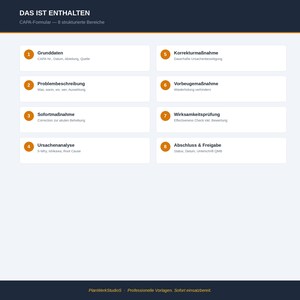 May include: A digital document template titled DAS IST ENTHALTEN CAPA-Formular with 8 structured sections. The sections are numbered 1 through 8, listing categories like Grunddaten, Problembeschreibung, Sofortma&szlig;nahme, Ursachenanalyse, Korrekturma&szlig;nahme, Vorbeugema&szlig;nahme, Wirksamkeitspr&uuml;fung, and Abschluss & Freigabe.