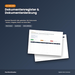May include: A digital document template for ISO 9001:2015 document control and registration. The layout features a dark blue background with white text, including the title Dokumentenregister & Dokumentenlenkung and a spreadsheet preview.