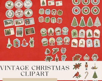 Vintage Christmas Clipart Retro Holiday Graphics Junk Journal Bundle Digital Download Scrapbook Craft Supply Greeting Card Making Kit