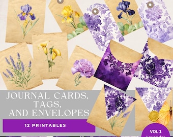 Floral Junk Journal Digital Download Printable Gift Tag Vintage Lavender Yellow Scrapbook Watercolor Design Botanical Element