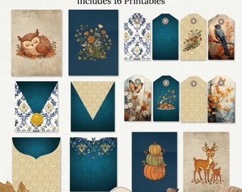 Fall Junk Journal Nature Card Printable Scrapbook Element Set Autumn Gift Tag Template Supply Digital Download Stationery Owl Deer