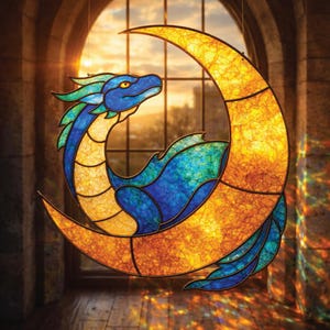 Dragon Moon Stained Glass Pattern, Fantasy Suncatcher Template, Crescent Glass Art (Digital Download)