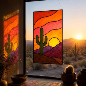 砂漠の夕日とサボテンのステンドグラス模様、南西部のサンキャッチャー（PDF、SVG、PNG、JPG形式）、デジタルダウンロード、DIYステンドグラスアート