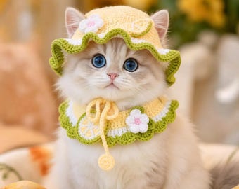Handmade häkeln Katze Hut Set | Lemoncore Cottage Haustierkostüm | Süßer Katzen Sonnenhut mit Kragen | Ästhetisches Haustier Outfit | Geschenk für Katzenliebhaber