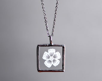 Papercut Necklace - Small Flower - Original Papercut Art - Soldered Glass Necklace - Small Square