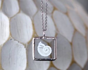 Papercut Necklace - Nautilus - Original Papercut Art - Soldered Glass Necklace - Small Square