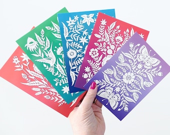 Postcard Set - 5 Unique Art Postcards - Floral Patterns - Prints of Original Papercut Illustrations