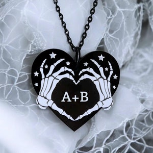 Personalized Skeleton Heart Hands Necklace - Lasercut Acrylic Necklace with 18” Black Chain - Handpainted Original Illustration Wearable Art