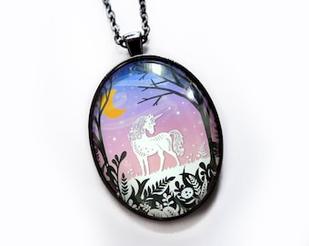 Unicorn Necklace - Papercut Illustration Pendant with 24" Black Chain