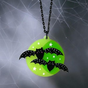 Halloween Bat Necklace - Lasercut Acrylic Necklace with 18” Black Chain - Handpainted Original Illustration Wearable Art