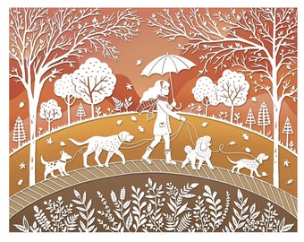 8x10 Print - Dog Walker - Original Papercut Illustration - Your Choice of Girl or Boy - Autumn or Spring