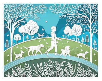 5x7 Print - Dog Walker - Your Choice of Girl of Boy - Original Papercut Illustration - Autumn or Spring