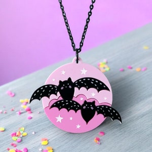 Halloween Bat Necklace - Lasercut Acrylic Necklace with 18” Black Chain - Handpainted Original Illustration Wearable Art