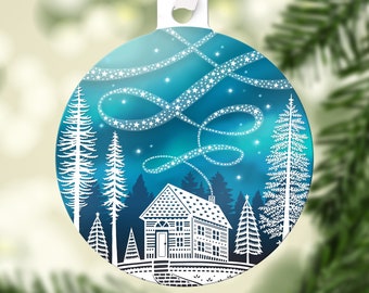 Holiday Ornaments - Cabin - Christmas Decor - Papercut Illustration Ornaments - Metal Print