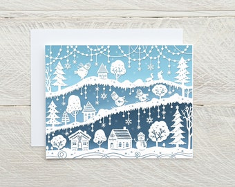 Snow Day Snowmen - Folded Greeting Card - Papercut Illustration