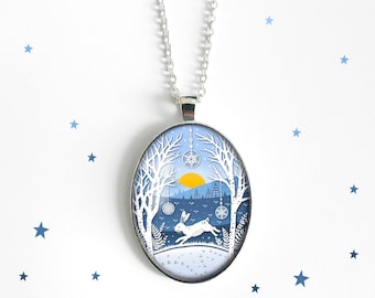 Leaping Rabbit Necklace - Papercut Illustration Pendant with 24" Silver Chain