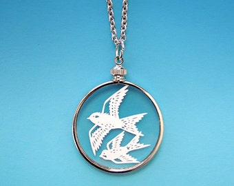 Papercut Flying Birds Necklace - Original Handcut Paper in Glass Pendants with Silver Chain