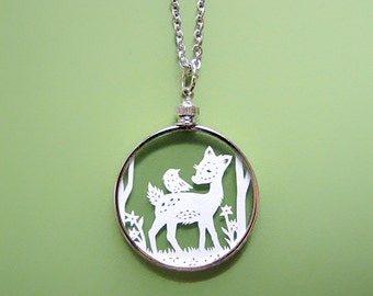 Papercut Deer Necklace - Woodland Friends - Original Handcut Paper in Glass Pendants with Silver Chain