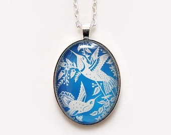 Hummingbirds Necklace - Papercut Illustration Pendant with 24" Silver Chain