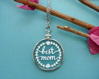 Papercut Necklace - Best Mom - Mother's Day Jewelry - Original Handcut Paper in Glass Pendants with Silver Chain