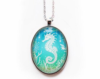 Seahorse Necklace - Papercut Illustration Pendant with 24" Silver Chain