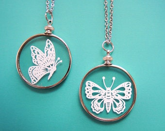 Papercut Butterfly Necklace- Original Handcut Paper in Glass Pendants with Silver Chain