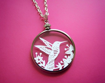 Papercut Hummingbird Necklace- Original Handcut Paper in Glass Pendants with Silver Chain