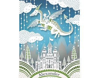 5x7 Personalized Print - Original Papercut Print - Customized with Your Name - Dragon Adventure